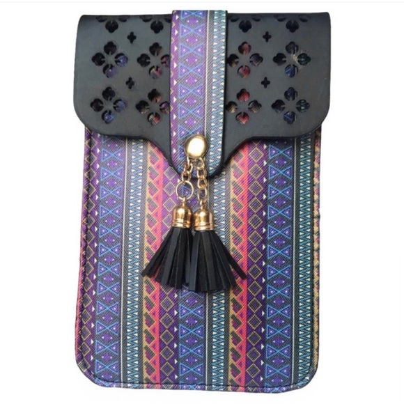 1 LEFT! Aztec Black Blue Crossbody Bag Purse Cellphone Holder - Picture 6 of 7